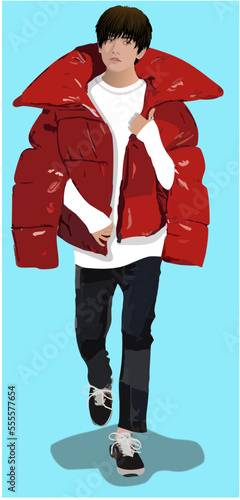 A stylish man in a red down jacket, white long-sleeved t-shirt, black jeans and sneakers, vector, realistic minimalist illustration