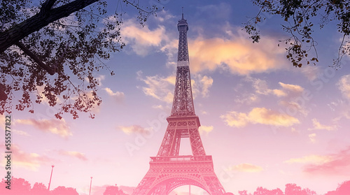 Fototapeta Naklejka Na Ścianę i Meble -  The Eiffel Tower, iconic Paris landmark  as autumn trees park  as Seine river with sunset sky scene in Paris ,France