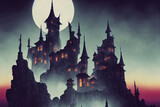 Vector Style Illustration of a Goth Vampire Castle on a High Cliff under a Full Moon. [Digital Art Painting. Halloween Scene.[Sci-Fi / Fantasy / Historic / Horror Background. Graphic Novel, Postcard.]