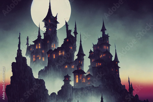 Vector Style Illustration of a Goth Vampire Castle on a High Cliff under a Full Moon. [Digital Art Painting. Halloween Scene.[Sci-Fi / Fantasy / Historic / Horror Background. Graphic Novel, Postcard.]