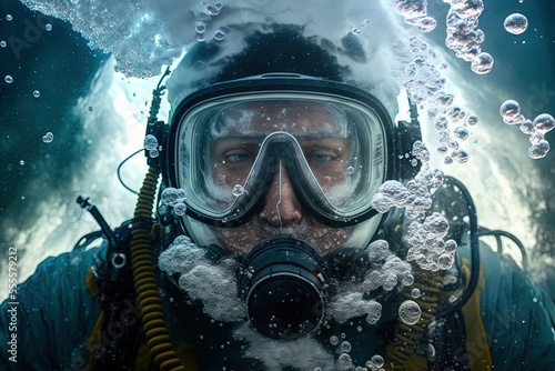 Diver inhales beneath water bubbles, lets out gas, and surveys the depths underwater. Generative AI