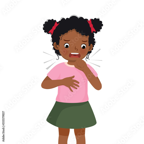 Cute little African girl coughing suffering from cold and flu as symptom of allergy or virus infection
