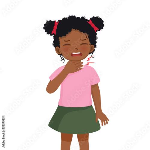 Cute little African girl suffering from sore throat touching her swelling and painful neck as symptoms of flu and allergy