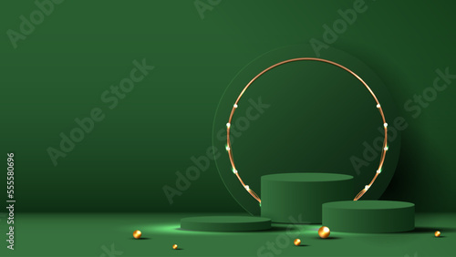 Podium shape for show cosmetic product display for Christmas day or New Years. Stand product showcase on green background with tree christmas. vector design.