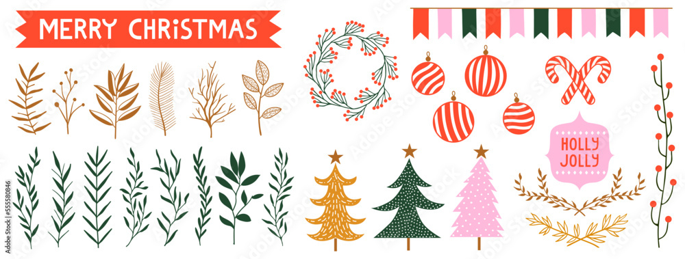 Set Christmas elements. Plants, branches, ribbons, balls and stars vector. Drawing beautiful decorative set with Christmas elements and lettering. Vector illustration. Set Christmas elements. Plants, branches, ribbons, balls and stars vector. Drawing beautiful decorative set with Christmas elements and lettering. Vector illustration.