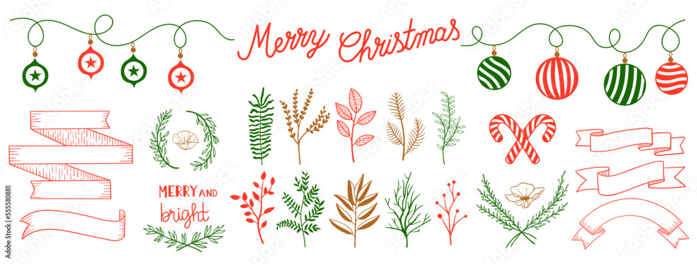 Fototapeta premium Set Christmas elements. Plants, branches, ribbons, balls and stars vector. Drawing beautiful decorative set with Christmas elements and lettering. Vector illustration.