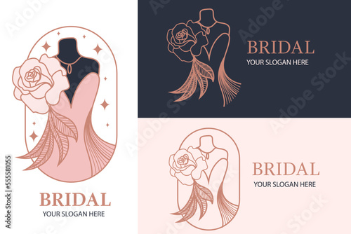 Monochrome Bridal Gowns Boutique Logo Ideas, Sign, Icon, Mannequin, Fashion, Beautiful Bride, Boutique Bridal Logo Illustration Vector Design