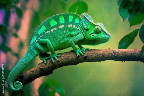 In the zoo, a green chameleon is perched on a limb of a tree. Generative AI