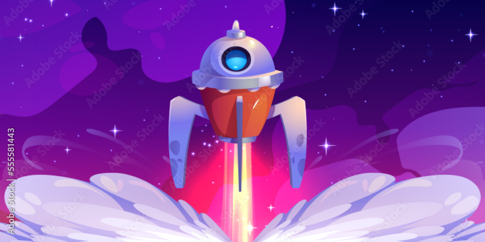 Future Rocketship Animation Rocket launch. Futuristic spaceship flying up from planet with smoke ...