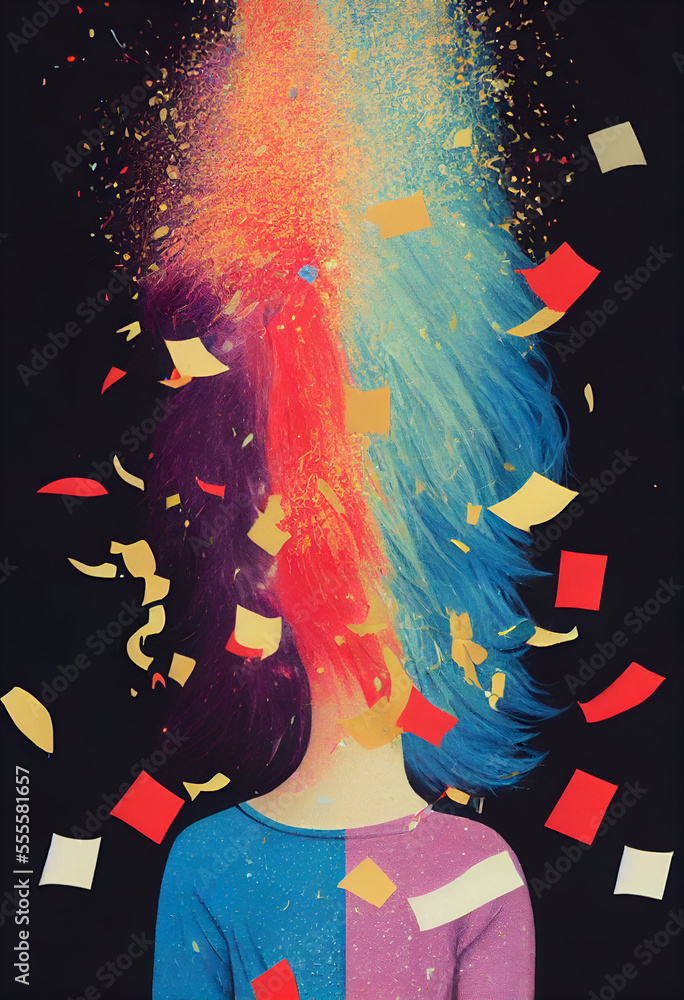Woman’s Head Explodes into Blue and Red Confetti. Brain Explosion