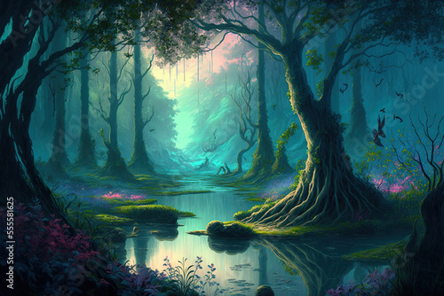 painting of a dream landscape, an enchanted woodland. Generative AI photo