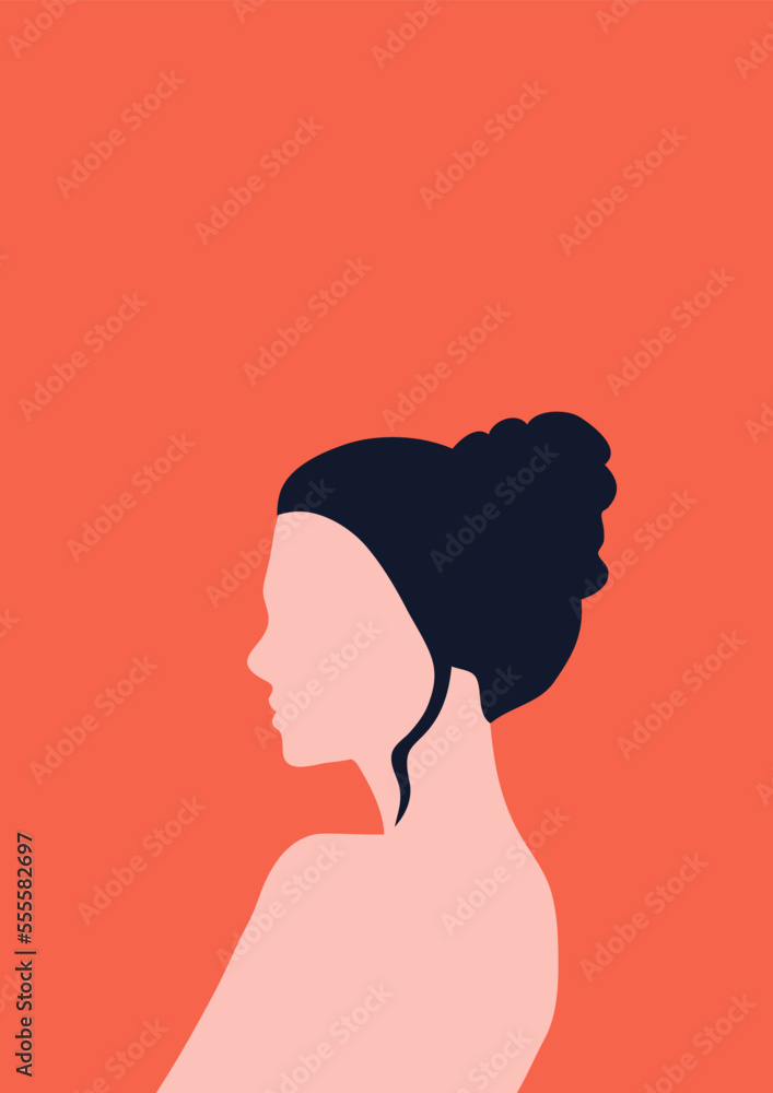 Women's day campaign poster background design with hair girl with face silhouette vector illustration.