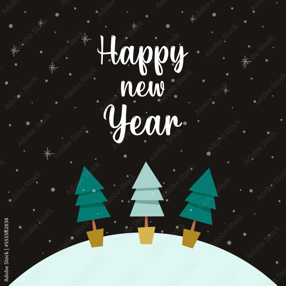 Happy new year greeting card, forest, winter, christmas trees