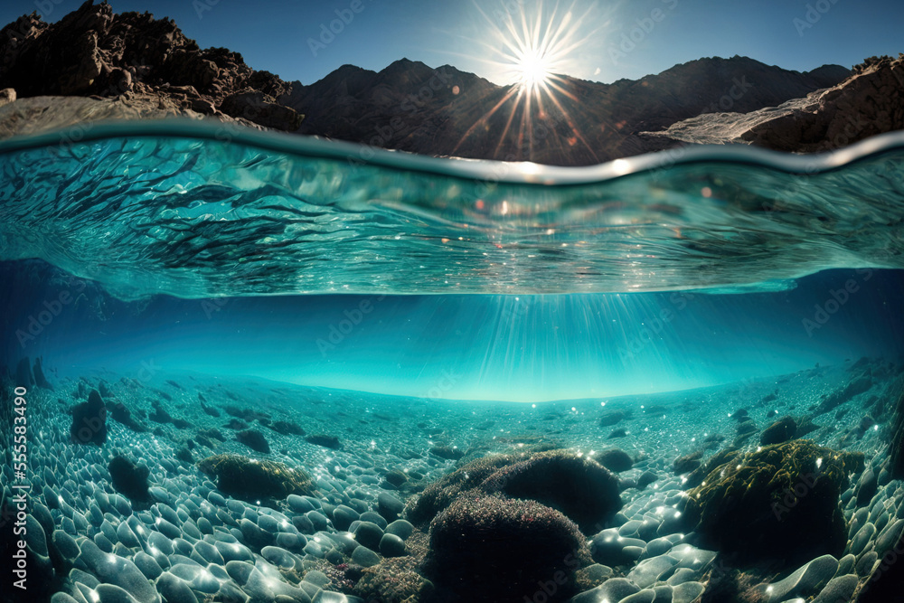 picture of a sea with crystal clear water transparent sea, lake, or ocean water. Sunlight causes water to ripple. Generative AI