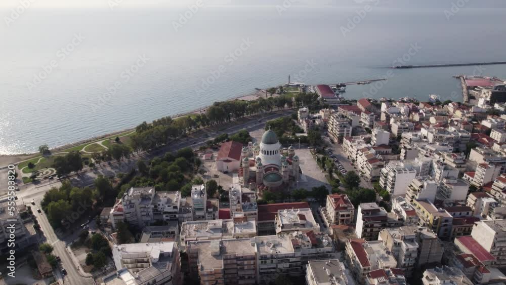Cathedral Of Saint Andrew In Patras. High Angle Aerial Orbit Motion Shot With Gulf Of Patras Coastline And Harbour Cathedral Of Saint Andrew In Patras. High Angle Aerial Orbit Motion Shot With Gulf Of Patras Coastline And Harbour