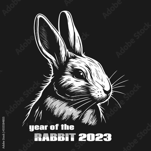 The year of the rabbit 2023. Black and white rabbit logo isolated on a black background. Vector illustration