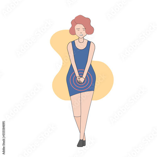 Young women with bladder disease. Cystitis, urethritis, incontinence or other problems of the urethra. female health, genital infection, hygiene,Vector illustration. photo