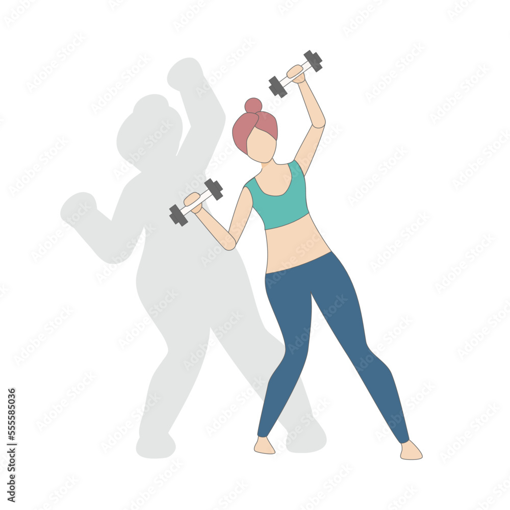 Female body shape and figure transformation,After weight loss exercises and diets,lifting dumbbells and back silhouette,Vector illustration. Female body shape and figure transformation,After weight loss exercises and diets,lifting dumbbells and back silhouette,Vector illustration.