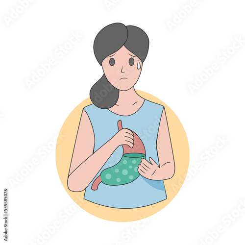 Chronic Acid Reflux (GERD) Symptoms,Gastroesophageal reflux disease, Treatment and Causes,Woman touches her abdomen,having a tight bloating, colic, heartburn nausea and vomiting,Vector illustration