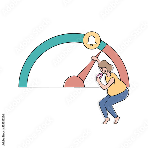 Overweight and obesity, addiction to sweets,Fat woman holding donut hanging on  scale and unhealthy food,Vector illustration.