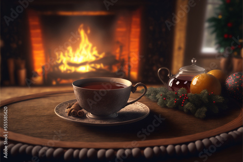 Delicious fresh festive tea coffee in cozy Christmas decorated room