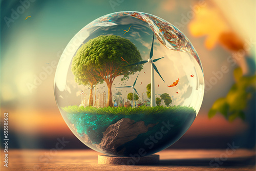 World environment and earth day concept with glass globe  windmills and eco friendly enviroment
