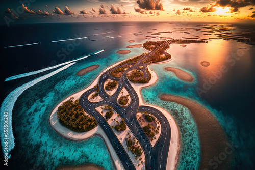 Incredible aerial image of the Maldives island Maldives' Eh'mafushi Crossroads at dawn. Drone aerial footage. Generative AI photo