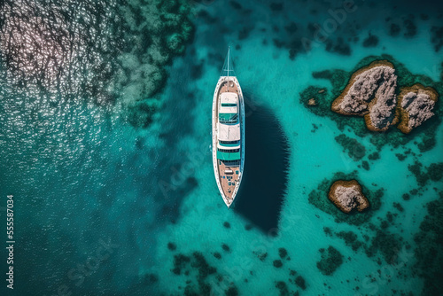 aerial shot of a yacht on a clear blue ocean. Photo taken by a drone. Generative AI © 2rogan