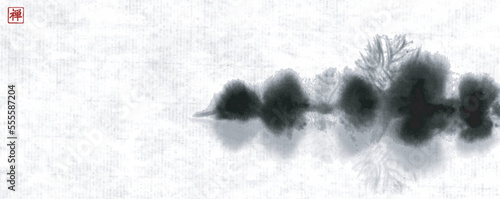 Ink wash painting in minimalist and clean style. Misty island with forest trees on rice paper background. Traditional oriental ink painting sumi-e, u-sin, go-hua. Translation of hieroglyph - zen.