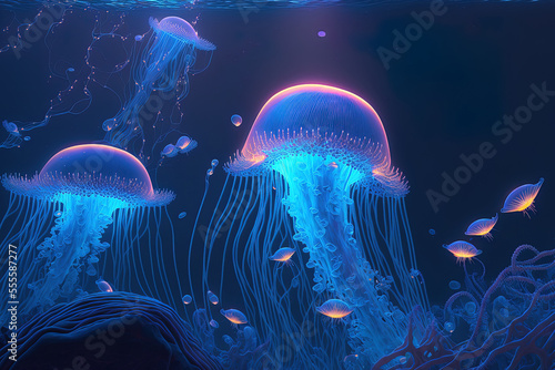 Long strands of cnidocytes and medusa like neon jellyfish float in the depths of the blue sea like glowing jellyfish. Generative AI photo