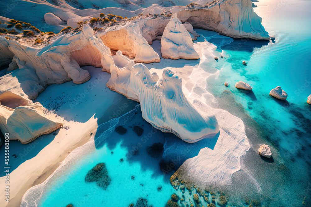 Fototapeta premium Drone overhead image of Sarakiniko Beach in Greece's Milos Island, which has white rock formations and cliffs encircled by blue seas in the Aegean Sea. Generative AI