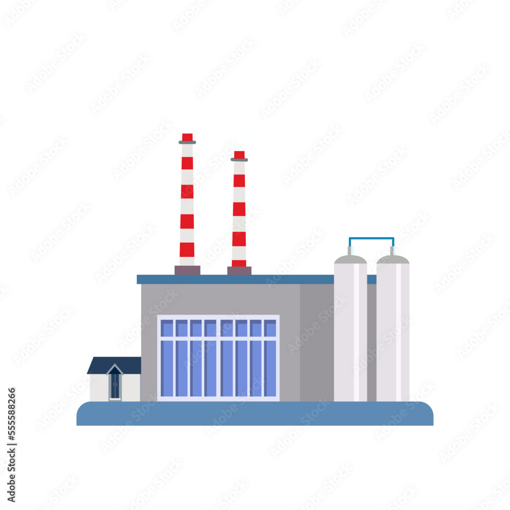 Electricity factory vector illustration. Type of industrial building or plant, power station isolated on white background. Industry, production, electricity, environment concept