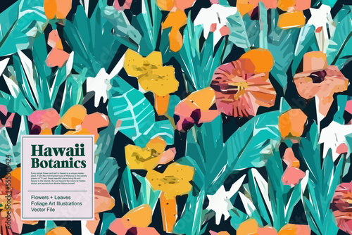 Tropical flowers, jungle leaves. Beautiful vector floral pattern background.