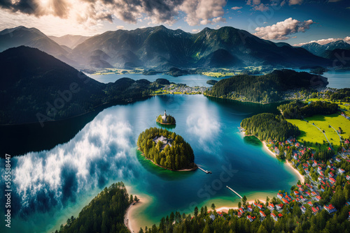 Germany's Tegernsee. Near the Austrian border in Rottach Egern, Germany, is Lake Tegernsee. aerial picture of the Bavarian Alps' Tegernsee Lake. Wiessee Bad. Lake Tegernsee in Bayern. Generative AI photo