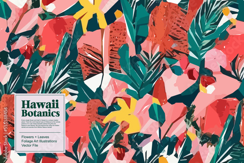 Tropical flowers, jungle leaves. Beautiful vector floral pattern background.