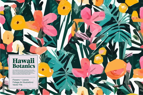 Tropical flowers, jungle leaves. Beautiful vector floral pattern background.