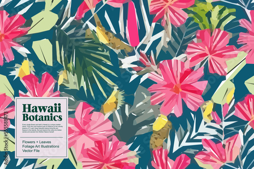 Tropical flowers, jungle leaves. Beautiful vector floral pattern background.