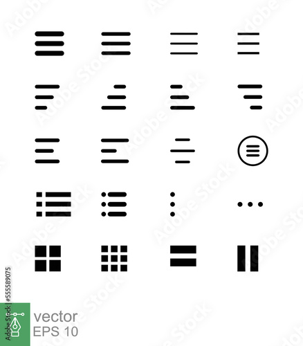 Minimal set of hamburger menu flat icons. Menu icons vector set of UI design elements. Interface design icon set of hamburger menu. Website navigation icons for mobile app and user interface. EPS 10.
