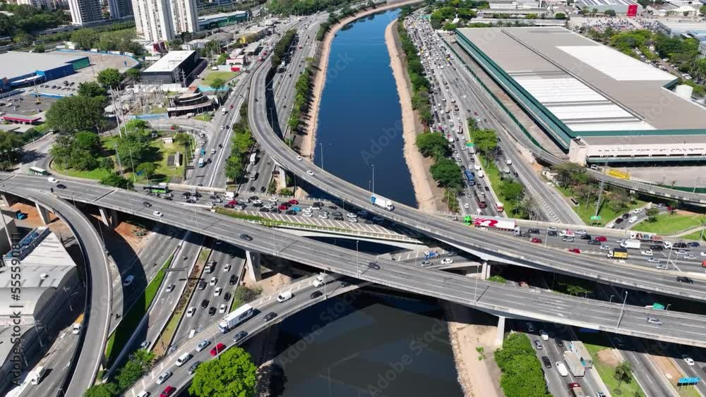 Cityscape of traffic jam at highway road landmark of Sao Paulo Brazil ...