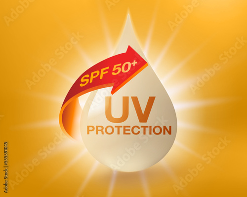 UV protection and reflect ultraviolet rays with SPF 50+. Cosmetics ads, sunscreen, lotion, serum, UV protection. Realistic EPS file.
