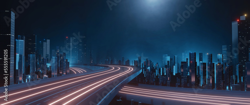 3D Rendering of trail lights from highway and light reflection from buildings in mega city at night. Concept of technology background, cyberpunk, fin tech, big data, 5g fast network, AI