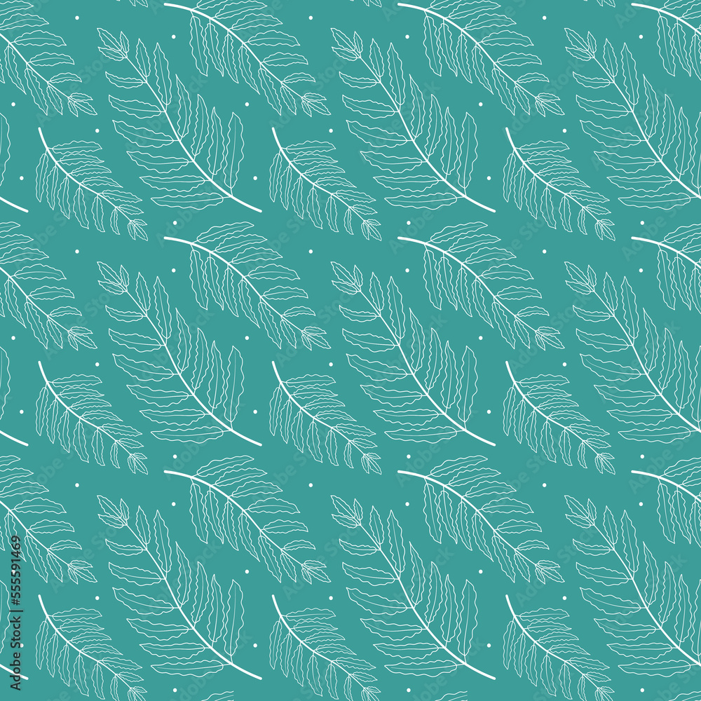 seamless pattern with tropical leaves bones. hand drawn leaves on blue background for fabric, print, textile design