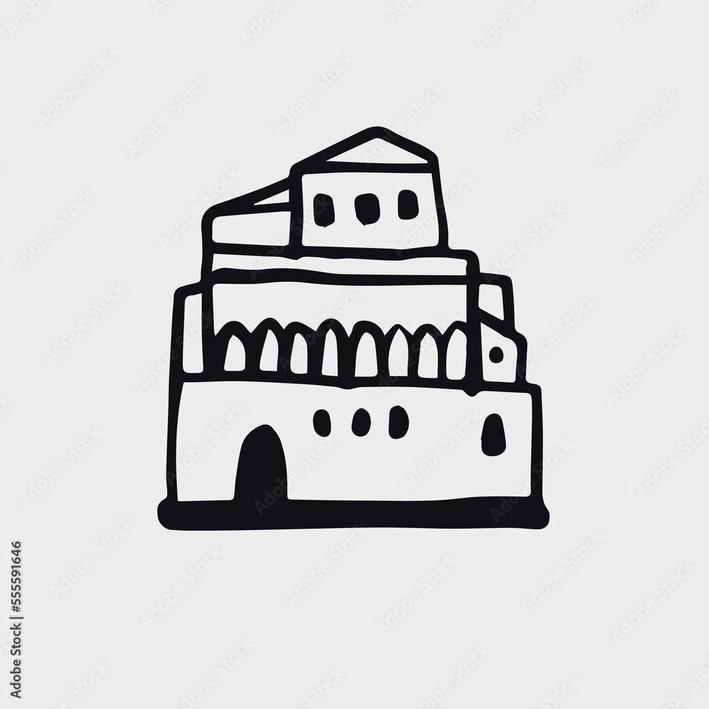 Black and white hand-drawn drawing. The facade of the building on a light background. Black and white hand-drawn drawing. The facade of the building on a light background.