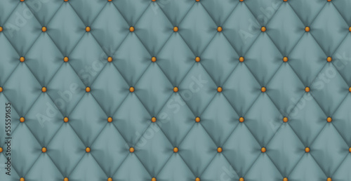 Blue buttoned upholstery background - eps10 vector. Fashionable surface with stitches. Cushioned texture with golden buttons.