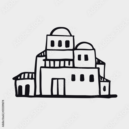 Black and white hand-drawn drawing. The facade of the building on a light background.