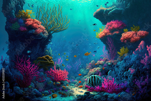 Coral reef at the bottom of the blue sea. Generative AI © 2rogan