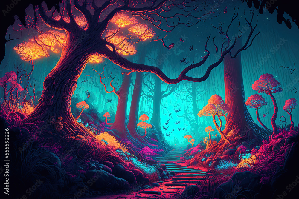 Obraz premium Fantasy illustration of a brilliant, colorful, neon lit woodland that resembles a fairytale. Generative AI