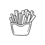 french fries in a paper pack in doodle doodle style. Unhealthy food sketch for menus,showcases,cards, posters, wallpapers.