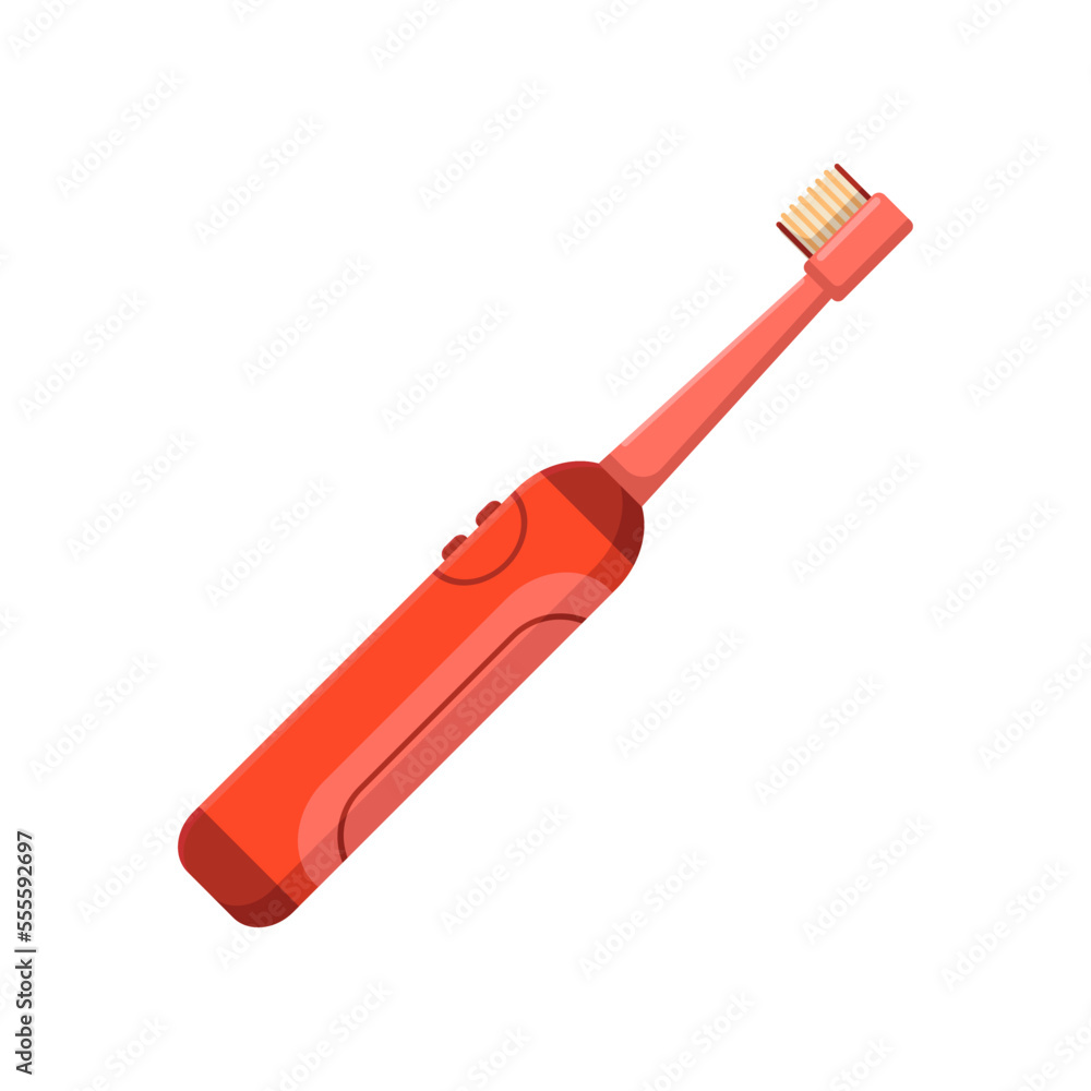 Red electric toothbrush vector illustration. Cartoon drawing of teeth cleaning tool isolated on white background. Oral or dental hygiene, medicine, care concept Red electric toothbrush vector illustration. Cartoon drawing of teeth cleaning tool isolated on white background. Oral or dental hygiene, medicine, care concept