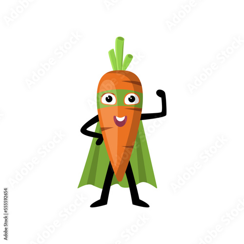 Cute superhero carrot character illustration. Cartoon drawing of comic vegetable with green mask and cape with comic isolated on white background. Healthy food concept